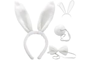 Orejas de Conejo, FUKPO Orejas Conejo Disfraz Diadema Felpa Orejas Conejo Pajarita Cola, Diadema Conejo Niña Mujer Niño Adulto para Fiesta Cosplay Accesorios Disfraces Carnaval Pascua(Blanco)