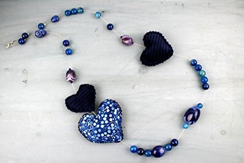 Hard stones Necklace, velvet and batik hearts, Nickel free - Valentine's day