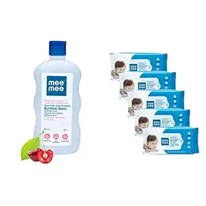 Mee Mee Gentle Baby Bubble Bath, White, 500ml & Caring Baby Wet Wipes, Aloe Vera, 72 Pieces (Pack of 5) Combo