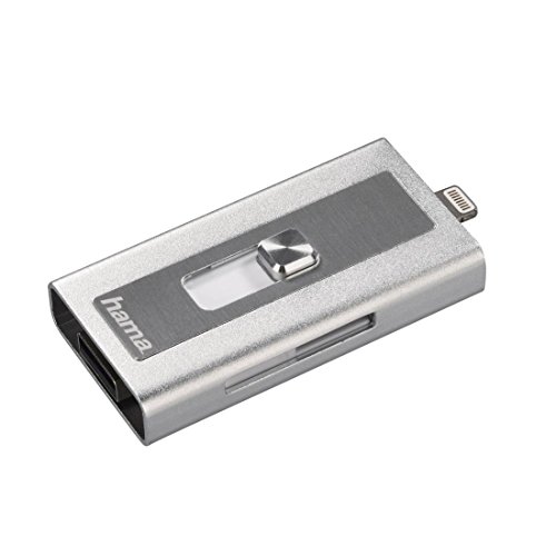 Hama microSD Kartenleser mit USB- und Lightning-Anschluss MoveData, Apple MFI zertifiziert, für iPhone, iPad, iPod, Notebook und PC, silber