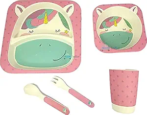 FunBlast (Set of 5 Pcs) Bamboo Fiber Eco-Friendly Kids Feeding Set - Unicorn