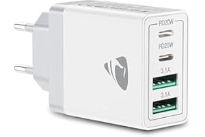 Aioneus Cargador USB C, 40W Cargador Carga Rapida 4 Puertos Enchufe USB con Doble PD USB-C y QC3.0 USB-A, Movil Cargador Pared USB Multiple Adaptador Corriente Tipo C para iPhone 15/14/13/12, Samsung