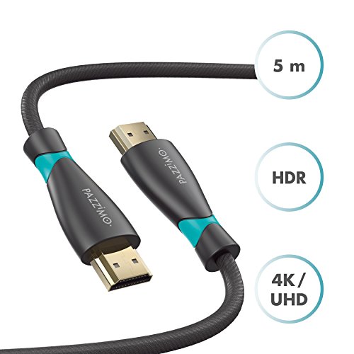PAZZiMO HDMI Kabel, 5 Meter I 4k I zur Verbindung von Beamer zu Laptop, PC oder Sat Receiver I Ethernet I Ultra High Speed Datenübertragung PAZZiMO HDMI Kabel, 5 Meter I 4k I zur Verbindung von Beamer zu Laptop, PC oder Sat Receiver I Ethernet I Ultra High Speed Datenübertragung