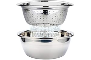 KINGBON Colander Stainless Steel Colander with Bowl Food Strainer Mixing Bowl Set Nesting Metal Draining Bowl for Salad Vegetable Fruit Rice Pasta Meal Preparing