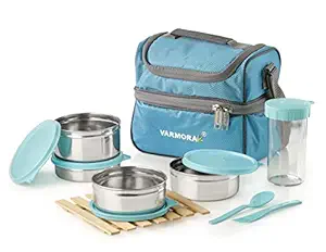 Varmora SS (Stainless Steel) Classic Lunch Box (Tiffine) 4 Container,Sparkle Buddy 350 ml, 1 Nos Spoon & Fork(Cyan Blue)