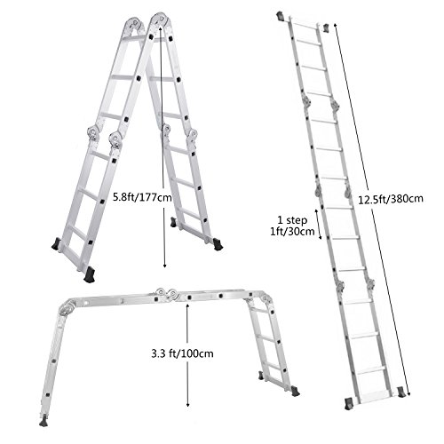 Lifewit Escalera Plegable Ajustable,En 4 Posiciones,Altura 3.8m,Escalera Tijera 3x4 Multifunción,Aleación De Aluminio,Carga Máximo 150 kg