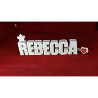 Beton, Steinguss Buchstaben 3D Deko Namen REBECCA mit Stern und Herzklammer als Geschenk verpackt! Ein ausgefallenes Geschenk zur Geburt, Taufe, Geburtstag oder auch zu anderen Anlässen.