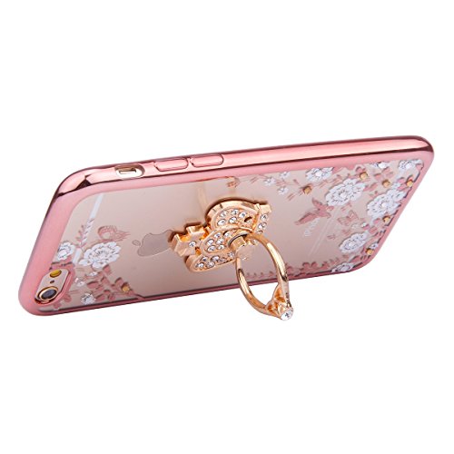 iPhone 6S Plus Hülle,iPhone 6 Plus Hülle,ikasus® TPU Silikon Hülle Schutz Handy Hülle Case Tasche Etui Bumper Crystal Case Hülle für Apple iPhone 6S / 6 Plus (5,5 Zoll) [Phone Ständer Holder] Durchsichtig mit Glänzend Glitzer Kristall Strass Diamanten Blumen Muster Überzug Plating Bumper Stoßdämpfend Transparent TPU Silikon Schutz Crystal Durchsichtig Schutzhülle Handyhülle Schale Etui Protective Case Cover – Rose Gold Weiße Blumen mit Strass-Steinen Krone Ring-Ständer - 2