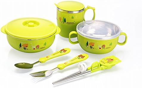 Plastic Stainless Steel Double Insulation Children Bowl Spoon Fork Training Chopsticks Baby Cutlery Set,Green