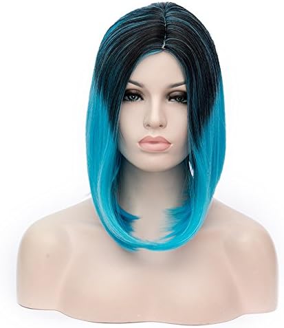 WPQES Women’s Bobo Shouler Length Wig 14 inchs, Side-part Costume Party Wig (Black+Light Blue)
