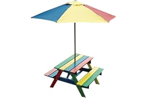 spot on dealz® Kids Garden Furniture Picnic Table Wooden Bench With Adjustable Childrens Outdoor Folding Garden Umbrella Parasol Patio Furniture Set Colorful Design