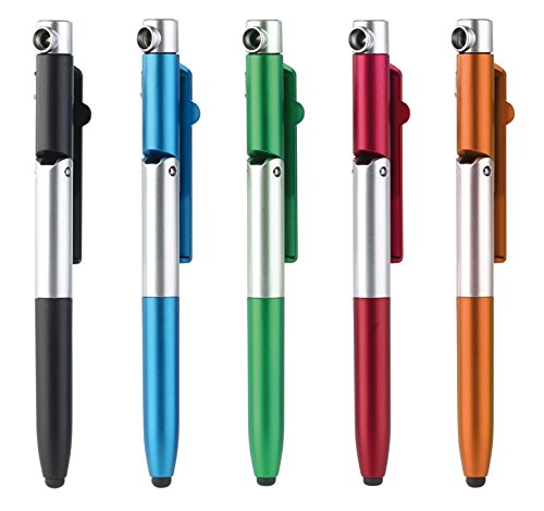 Pearl Lot de 5 stylos à bille avec lumière 4 en 1 avec lampe LED, stylet et support de téléphone portable