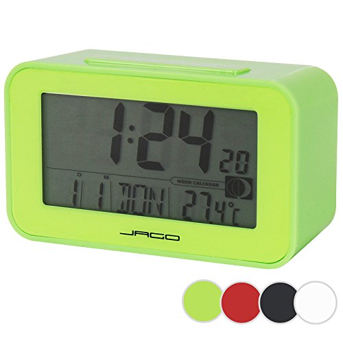 Jago Funkwecker mit Mondkalender und Temperaturanzeige mit LED-Hintergrundbeleuchtung und LCD-Display in vier verschiedenen Farben inkl. Snooze-Funktion und Datum Wochentag