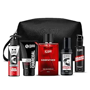 Beardo Mens Grooming Combo With Godather EDP (Godfather Wash,CH FW100,Godfather EDP,Growth Oil,Beard Serum & Black Pouch)