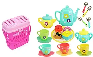 pluspoint tea set tea party pretend playset for kids, teapot play set pretend play set girls kitchen toy teapot gift for toddler kids children boys girls 3 years old (tea set with basket)- Multi color