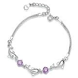Onefeart 21CM Versilbert Armband Damen Charme Für Mädchen Lila Zirkonia Kristall Delphin