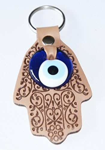 Classic Middle Eastern Large Evil Eye Keychain Key Ring With Hand Cut Leather Hamsa Hand