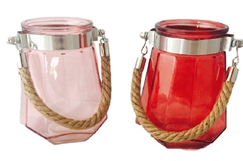 Windlicht Teelichthalter rosa oder rot 2 Farben zur AUSWAHL 14 cm hoch aus Glas mit Kordel • Teelichthalter Gartendekoration Gartendeko (Auswahl Farbe ROSA)