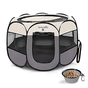 SereneLife Medium Portable Foldable Pet Tent - 8-Panel Cat Dog Mesh Exercise Playpen w/Folding Food/Water Bowl - Kennel House Playground Play Pen Yard Crib for Puppy, Kitten, Rabbit, Bunny (Gray)