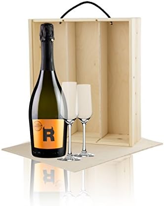 Prosecco with pair of flutes in wooden gift box