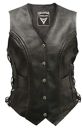 Skintan Ladies Real Leather Lace Sided Motorcycle Waistcoat Vest Gilet: Amazon.co.uk: Clothing