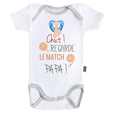 Baby Geek Chut ! Je regarde le match avec Papa - Body Bébé manches courtes - Coton - Blanc - Coutures grises - Baby Geek - (3 - 6 mois)