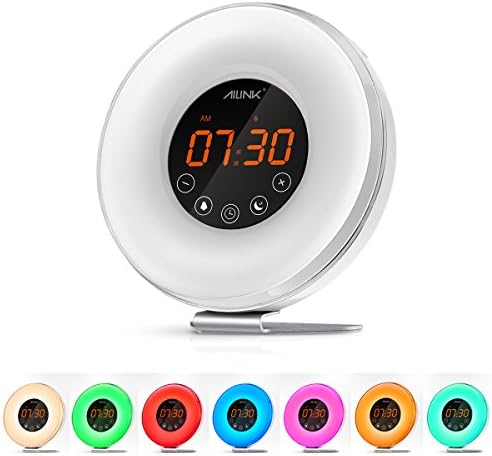 Ailink Alarm Clock Wake-Up Light, Natural Sunrise Sunset Simulation, Digital Clock FM Radio & Easy Touch Snooze Function, 7 Warm & Color LED Lights [Upgraded Version]