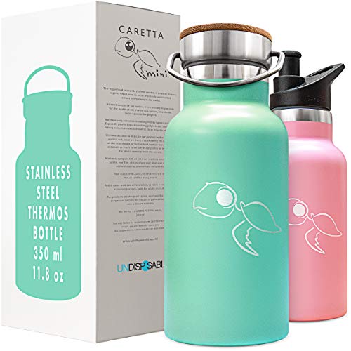 Caretta mini - Bottiglia termica acciaio inox 350ml, finanzia RIMOZIONE PLASTICA da oceani - Borraccia Isolamento doppia parete, acqua caffè tè birra caldo o freddo per 10 ore, con Borsa di Tela