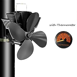 4 lames Tuyau de fumée Ventilateur de poêle Appareil de chauffage alimenté fixe sur le tuyau de cheminée en bois/poêle à bois/cheminée avec thermomètre gratuit noir