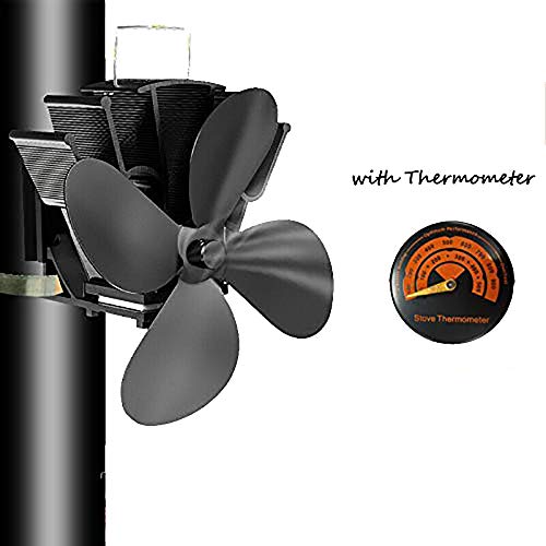 4 lames Tuyau de fumée Ventilateur de poêle Appareil de chauffage alimenté fixe sur le tuyau de cheminée en bois/poêle à bois/cheminée avec thermomètre gratuit noir