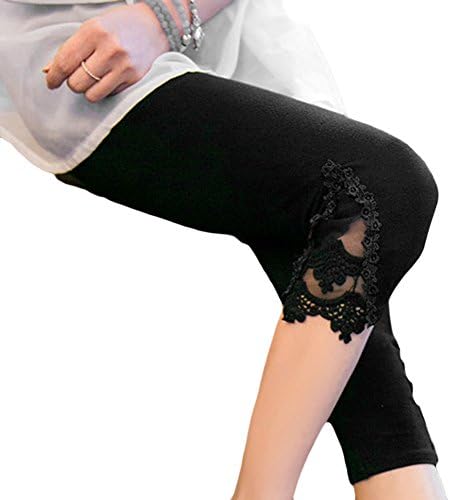 LOCOMO Women Lace Crochet Floral Casual Pant Capri Cropped Legging FFT224BLK