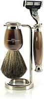 Edwin Jagger Rasur-Geschenk-Set- Pure Badger Dachshaar-Rasierpinsel, Gillette Mach 3 Rasierer, vernickelter St&auml;nder, Hornimitation, 1er Pack (1 x 1 St&uuml;ck)