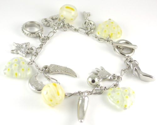 Millefiori White &amp; Yellow Glass Heart Glass Bead Charm Bracelet