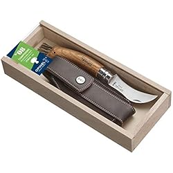 OPINEL - N°08 Champignon Manche Chêne & Étui Outdoor Brun - Couteau OPINEL Brosse Poil de Sanglier - Couteau Champignons en Acier Manche Bois - Coffret OPINEL Couteau de Poche Lame Inox 8 cm