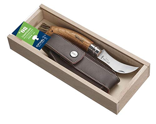 OPINEL - N°08 Champignon Manche Chêne & Étui Outdoor Brun - Couteau OPINEL Brosse Poil de Sanglier - Couteau Champignons en Acier Manche Bois - Coffret OPINEL Couteau de Poche Lame Inox 8 cm