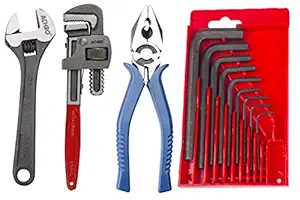 ACHRO Hex 12 Pieces Tool Kit Set for General Use (8 Inch Adjustable Spanner+10 Inch Pipe Wrench+ 8 Inch Combination Plier+ 9Pcs Allen Key Set)