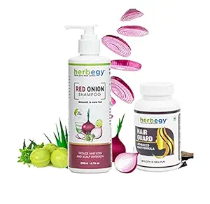 Herbegy Red Onion Hair Fall Shampoo for Hair Growth & Hair Fall Control, with Onion Oil, Bhringraj, Aloevera, Amla, Shikakai, Fenugreek, Tea tree oil, Jojoba, (200 ml) | Free Hair Guard Capsules
