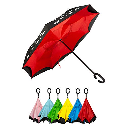 Golden Lemur Paraguas Invertido. Paraguas Originales Mujer y Hombre de Colores. Grande, para Coche Antiviento. Doble Capa, Reversible, Abre al Revés Asa Manos Libres Funda Garantia Calidad Flores Rojo