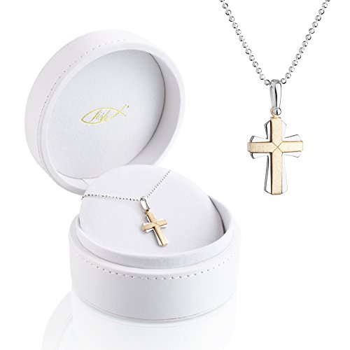 fish Jungen, Mädchen Hals-Kette, Sterling-Silber 925, Kreuz-Anhänger, Vergoldet, Geschenk-Idee, Geschenk-Set