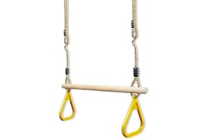 CHILDWOOD PLAY Children Kids hardwood Trapeze Bar with Yellow Gym Rings and adjustable rope for climbing frame and swing sets