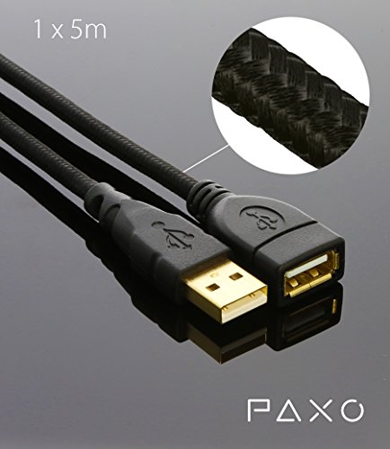 5m Nylon USB Verlängerung schwarz, A-A / USB Verlängerungskabel, Goldstecker, geflochtenes Kabel (braided), mit Kabelklett