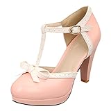schuhe 60er pumps t-strap pumps YE Damen Geschlossene Runde Zehe 8cm Absatz High Heels Plateau T-Strap Bogen Blockabsatz Riemen Lack Leder Pumps mit Schnallen Frühling Sommer Schuhe (38EU, Rosa)