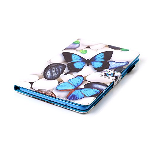 Für Samsung Galaxy Tab E 9.6 Zoll SM-T560 Leder Tasche Hülle,Für Samsung Galaxy Tab E 9.6 Zoll SM-T560 Leichter Wallet Kickstand Hülle,Herzzer Mode Hübsch [Blauer Schmetterling Gedruckt] Shockproof Kratzfest PU leder Mappen Geldbeutel Folio Abdeckung mit Karte Bargeld Schlitz Weiche TPU Innere Kasten Hülle Case für Samsung Galaxy Tab E 9.6 Zoll SM-T560 + 1 x Frei Blau Handy Halterung Ständer + 1 x Frei Blau Stift Stylus - 5