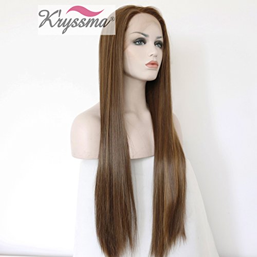 K’ryssma Long Straight Synthetic Hair Highlights Brown Glueless Lace Front Wigs For Women Heat Resistant 24 Inches - 2