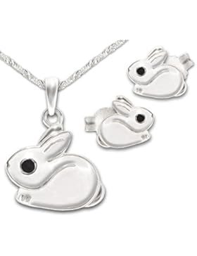 CLEVER SCHMUCK-SET Silberner Anhänger Mini Hase Fell weiß lackiert 11 mm und Ohrstecker 6 mm mit Kette Singapur...