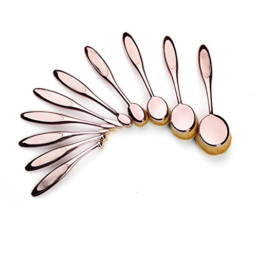 Nestling® Oval Make-up Pinsel Set, 10 Stück Professionelle Foundation Concealer Verblender Pinsel Flüssiges Pulver Creme Kosmetik Pinsel, Zahnbürste geschwungene Make up Pinsel für Gesicht und Augen (Rose) - 5
