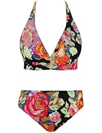 Angerella Mujer Vintage Cuello Halter Bikini Set Floral V-Cuello Profundo Traje de Baño