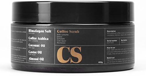 COFFEE BODY SALT SCRUB 14oz (400g) / Cellulite Remover, Dead Skin Exfoliator, Stretch Mark Treatment / Natural Exfoliating Bath Body Wash / Perfect for woman and men / No Fragrance / Only Organic Ingredients / Himalayan Salt, Organic Arabica Ground Coffee, Coconut, Castor and Almond Oils.