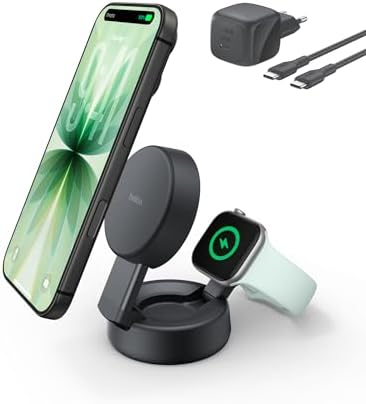 Belkin UltraCharge Pro Caricatore Wireless Magnetico Convertibile 2 in 1 MagSafe Qi2.2 25W, Stazione di Ricarica per iPhone 17, Apple Watch Series 10, Pixelsnap, (Alimentatore 45W Incluso), Nero
