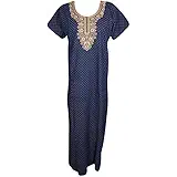Indiatrendzs Women Cotton Nighty Blue Embroidered Nightwear Nightgowns (Chest 46)